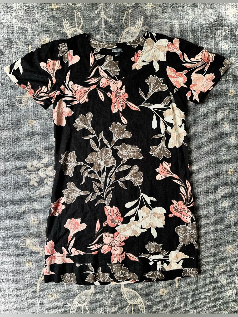 Nicole Miller Black Pink Floral V-Neck Short Sleeve Linen Blend Mini Dress Sz S